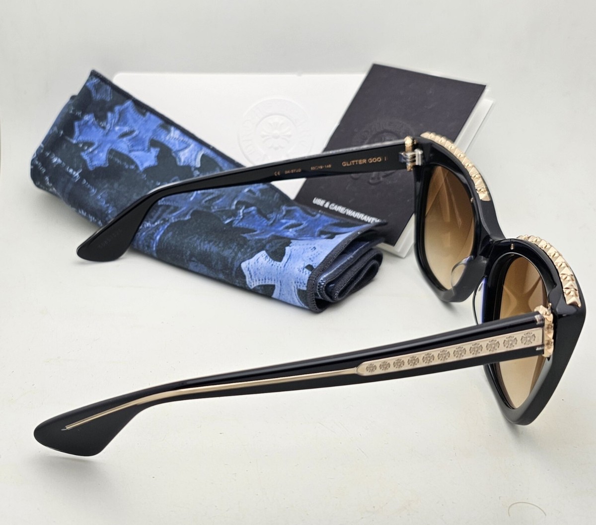 クロムハーツ サイズ:53□19-145  GLITTER GOO スタッズ装飾セルフレームサングラス 中古 SJ02 New Chrome Hearts GLITTER GOO I BK-STUD 53-19 Black Sunglasses