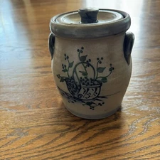Vtg Canister Lid Rowe Pottery Works Salt Glaze Blue Berry Basket Crock 96 6"