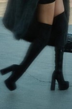 New Womens Vegan Suede Fitted Over The Knee Thigh High Boot Chunky Platform Heel