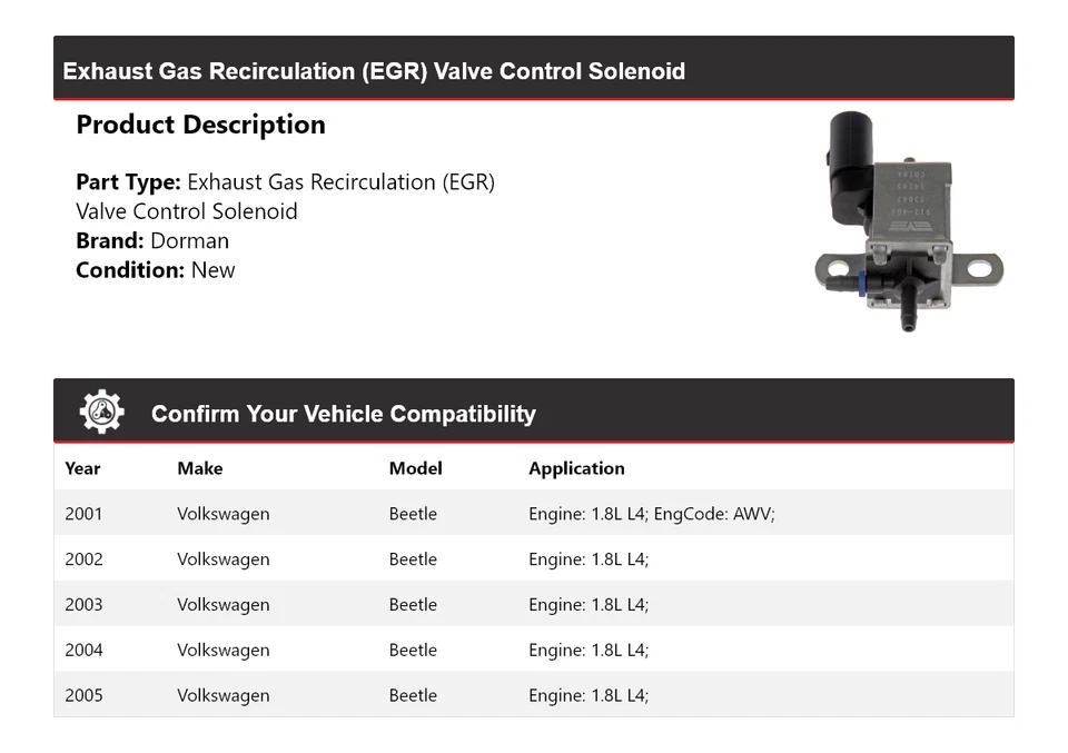 Solenoide de control de válvula Dorman EGR 2001-2005 1,8 L L L4 2002 para Volkswagen Beetle Foto 2 de 4