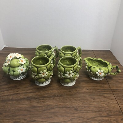 Vintage 1967 Inarco Green Apple Daisy Coffee Tea Mugs Cups Creamer Sugar Bowl