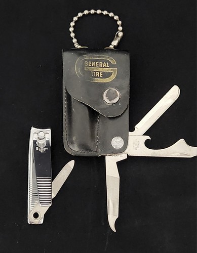 VTG Leather Bassett Advertising Pocket Knife Key Chain Combo Set General Tire