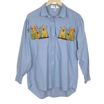 Vintage Embroidered Golden Retriever Lab Shirt Women XL Button Down Dog Chambray