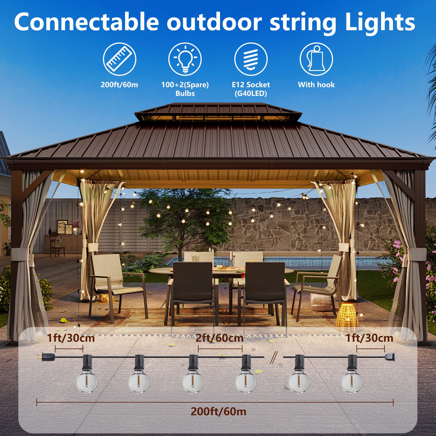 100FT - 200FT Outdoor String Lights LED Patio Waterproof Shatterproof G40 Bulbs