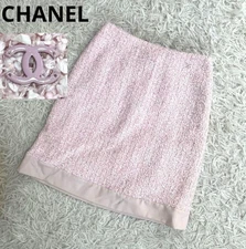 CHANEL Coco Mark Tweed Skirt, Peplum, Silk, Pink, Size 34, Good Condition