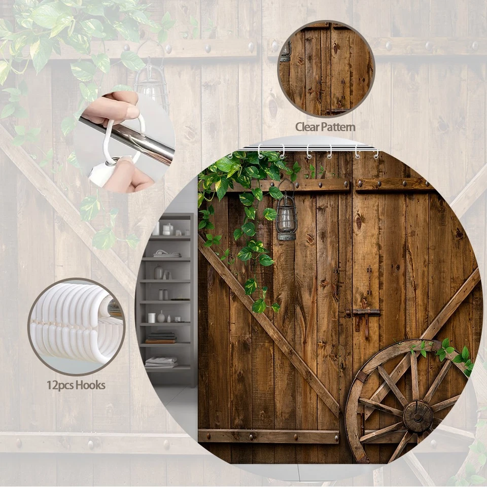 Cortina de ducha puerta de granero rústica madera granja decoración de campo con ganchos Foto 2 de 4