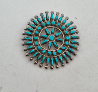 Vintage Zuni Sterling Silver Multi Turquoise Petit Point Circular Pin