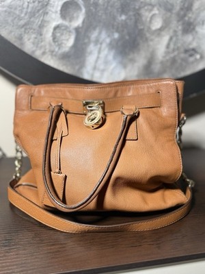 Michael Kors Camel Satchel Top Handle Bag with Chain and Lock Accent