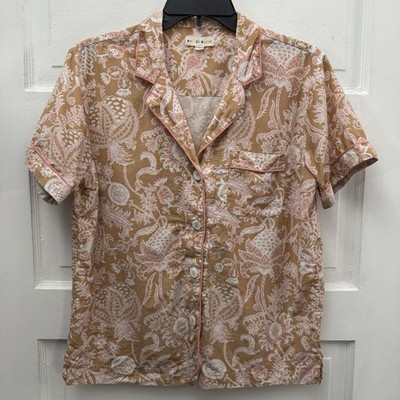 Roller Rabbit S Cotton Silk Paisley Pajama Top Pink Brown Lounge