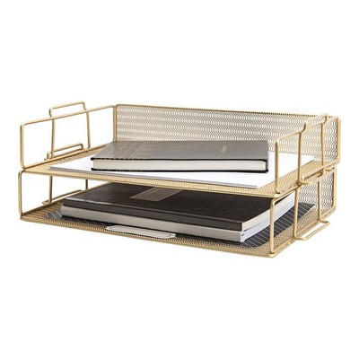 Gold Mesh Paper Tray   Set of 2 Stackable Letter Trays   Durable Metal Desk O...