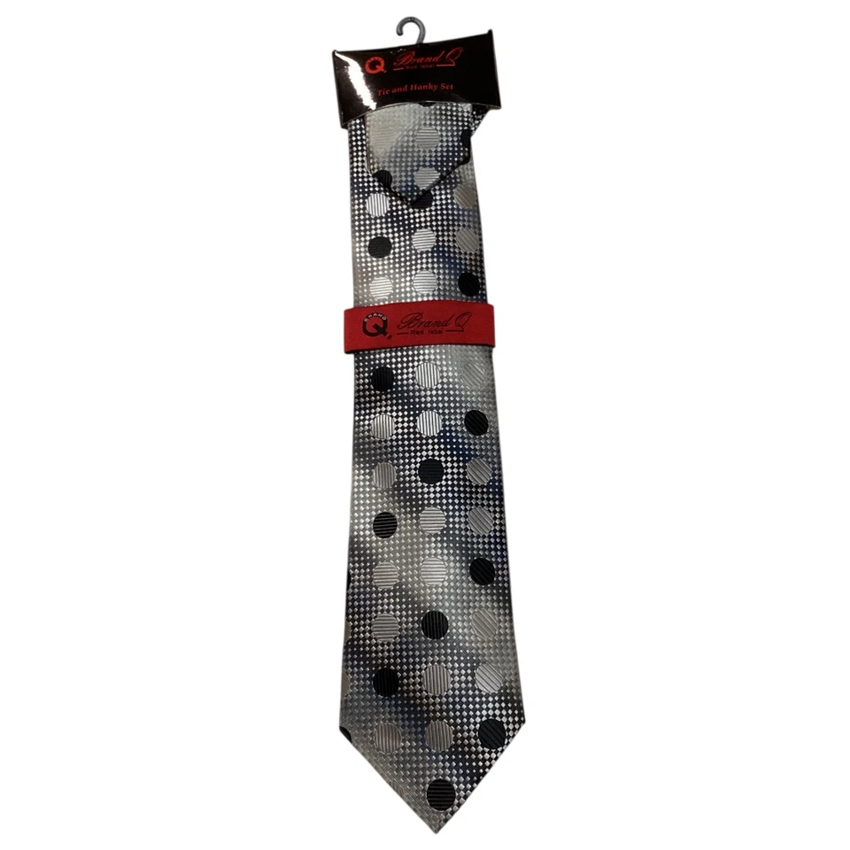 Juego de corbata y pañuelo de microfibra para hombre BRAND Q diseñador POLKA DOT gris/negro nuevo con etiquetas Foto 2 de 3