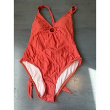 Kona Sol Women Medium Ribbed One Piece Swimsuit Rust Orange Ring Detail Tie Back