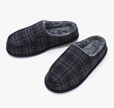 Plaid Memory Foam Loafer Slippers Navy Gray Faux Fur Lining Non-Slip Size 12-13