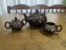 Vintage Brown Glazed Ceramic Floral Tea Set with Teapot, Sugar Bowl  Creamer