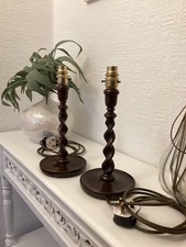 Vintage Rare Pair Oak Tapered Barley Twist Mantle Table Lamps Rewired 12.5”Tall