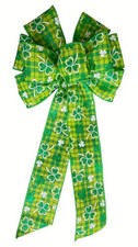 St Patrick's Day Wired Wreath Bow, Handmade, Shamrocks on Plaid Ribbon