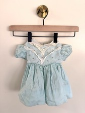 1940s Vintage Light Blue Lace Floral Embroidered Dress Puff Sleeves and Buttons