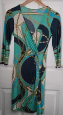 Wallis turquoise + blue + gold chain print faux wrap dress, size 8 stretchy