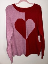 NWT Cupcakes and Cashmere Red Pink Heart Colorblock Crewneck Sweater Women s-L