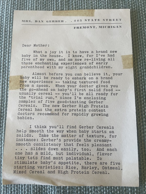 VINTAGE 1960 Gerber Baby Food “Letter to New Mom” from “Mrs Dan Gerber”