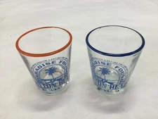 2 Vintage (?) Hilton Head Paradise Found Shot Glass, Orange and Blue Rim