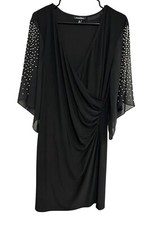 Roz & Ali Black Beaded Sleeve Faux Wrap Ruched Side Drape Dress Sz XL