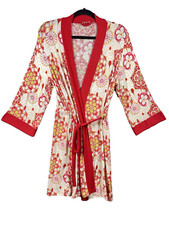 Josie Natori Floral Kimono Robe Size S Stretch Lounge Retro 60s 70s Hippie Asian
