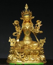 18.1''Old Tibet Bronze Gilt Green Tara Mahayana Enlightenment Buddha Statue