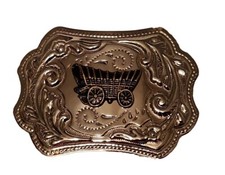 Vintage Western Belt Buckle   Covered Wagon Engraved Silver Tone   Ornate Scroll