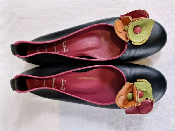 Elle Womans Leather Ballet Flats Black & Pink Trim Orange Pink  Green Flowers 36