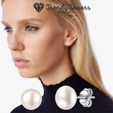 925 Sterling Silver Freshwater Cultured Bright White Button Pearl Stud Earrings 