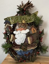 Holiday Wood Metal Wreath Santa, Farmhouse Hanging Decor 18 1/2"USED X-1