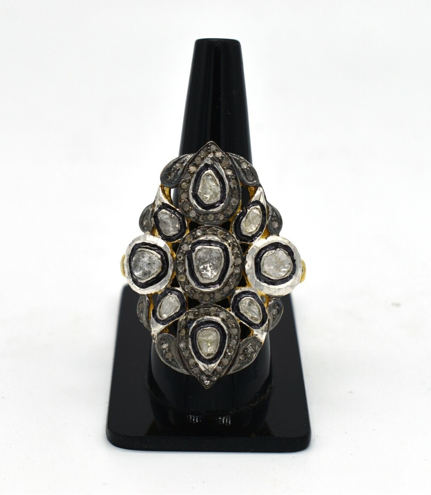 Rose Cut Polki Diamond Victorian Statement Ring in 925 Sterling Silver