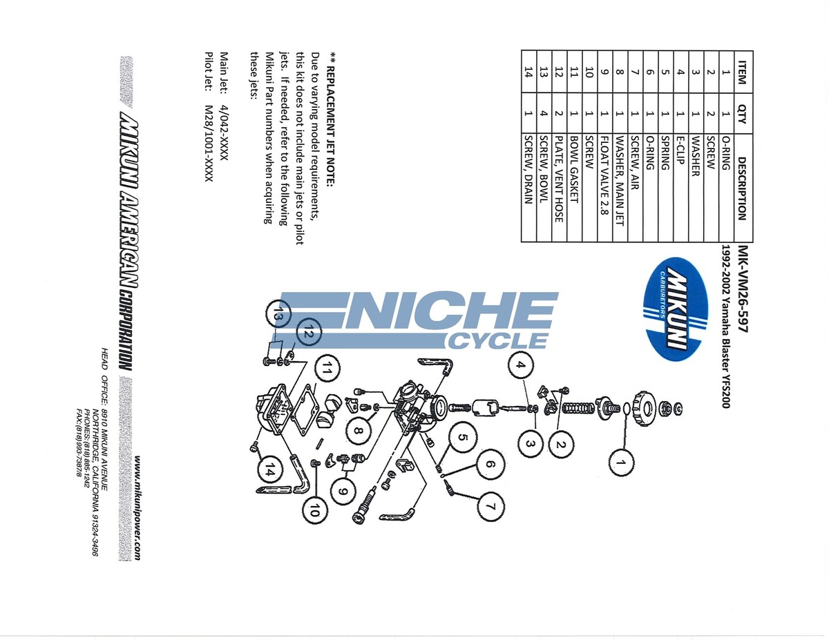 Yamaha Blaster 200 Genuine Mikuni Carburetor Rebuild Kit for