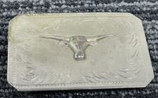 Texas Longhorn Belt Buckle Silver Tone Rectangle