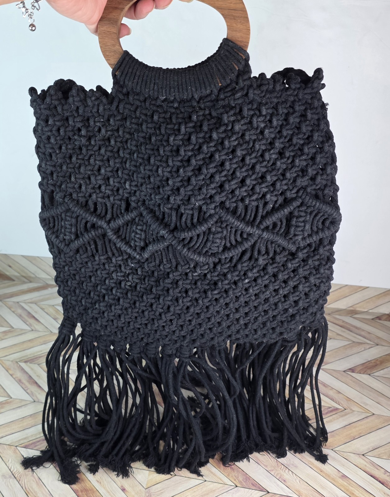 Danielle Nicole Macrame Crochet Black Bag With Wo… - image 2