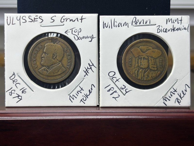 1879 & 1882 U.S. Mint Employees Tokens Ulysses S. Grant & William Penn Medal Lot