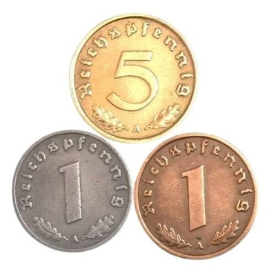 WWII Germany Coin Set 1 Rp Zinc, 1 Rp Bronze, and 5 Rp Coins (1936