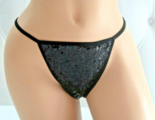 Victoria's Secret The Lacie Sequin V-string Panty Black Sparkle M L NWT