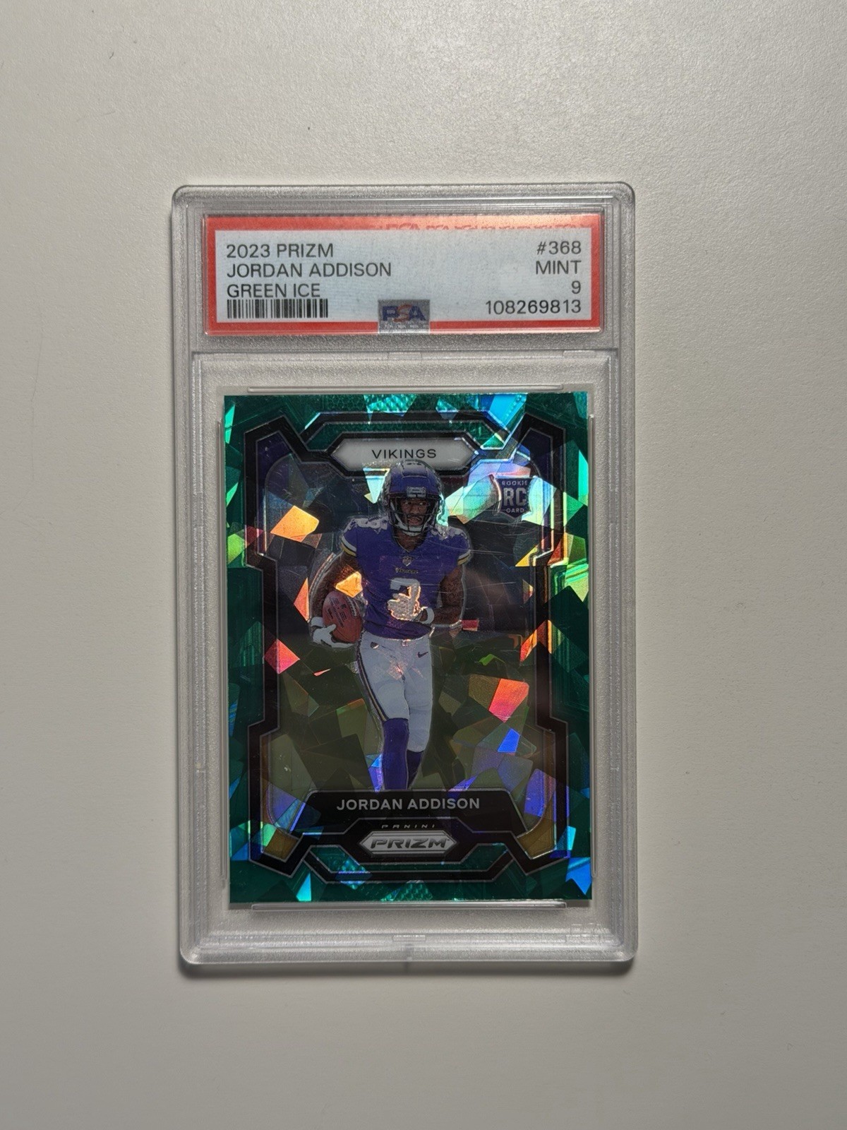 2023 Panini Prizm Jordan Addison Rookie #368 Green Ice Prizm PSA 9 Vikings