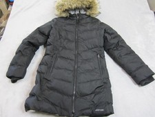 Lands End Girls Puffer Coat Large  10-12 Black Hooded Faux Fur Winter Parka