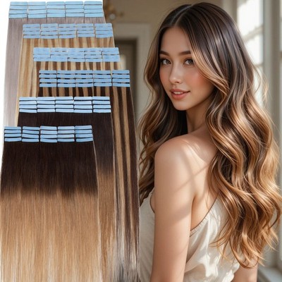 10/20/60PCS Tape In Remy Human Hair Extensions Taped Human Hair Thick Skin Weft