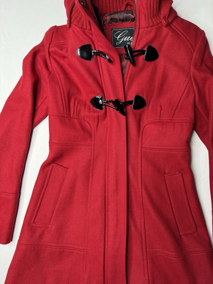 Guess Women’s XS Red Wool Blend Toggle Pea Coat Hooded Full Zip Lined Jacket - Image 3 of 4