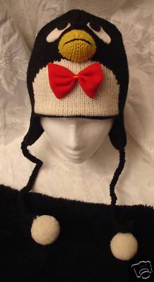 deLux PENGUIN HAT knit BLACK bow tie ADULT ski cap costume ice hockey skating