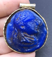 Ancient Old Roman Glass Beautiful Blue Roman Greek Bronze Pendent