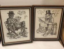 2 Antique 1940’s Jim Daly Prints From Charcoal Sketches Framed Under Glass