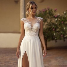 Lace Applique O-Neck Elegant Wedding Dress Chiffon Illusion Back Side Split