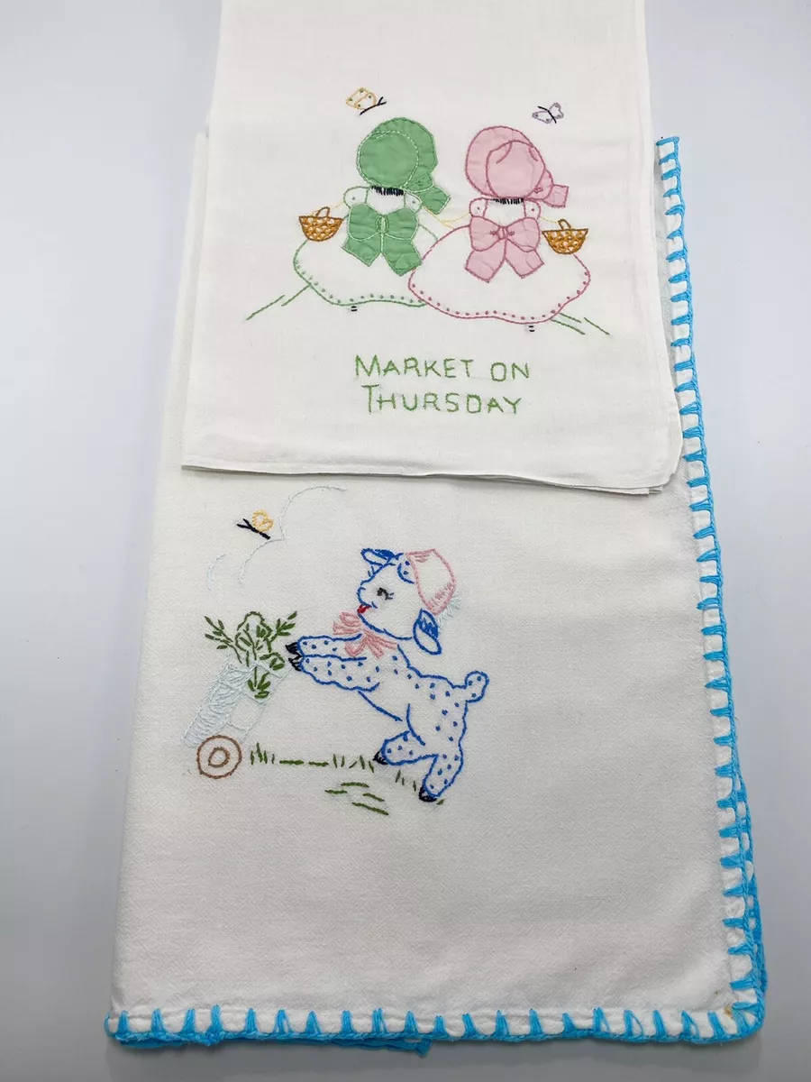 Vtg Dish Towels Embroidered Flour Sack Sun Bonnet Girls Lamb