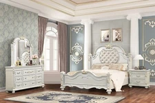Formal Luxury 4pc Bedroom Set Queen White Finish Furniture Carving Wood Design