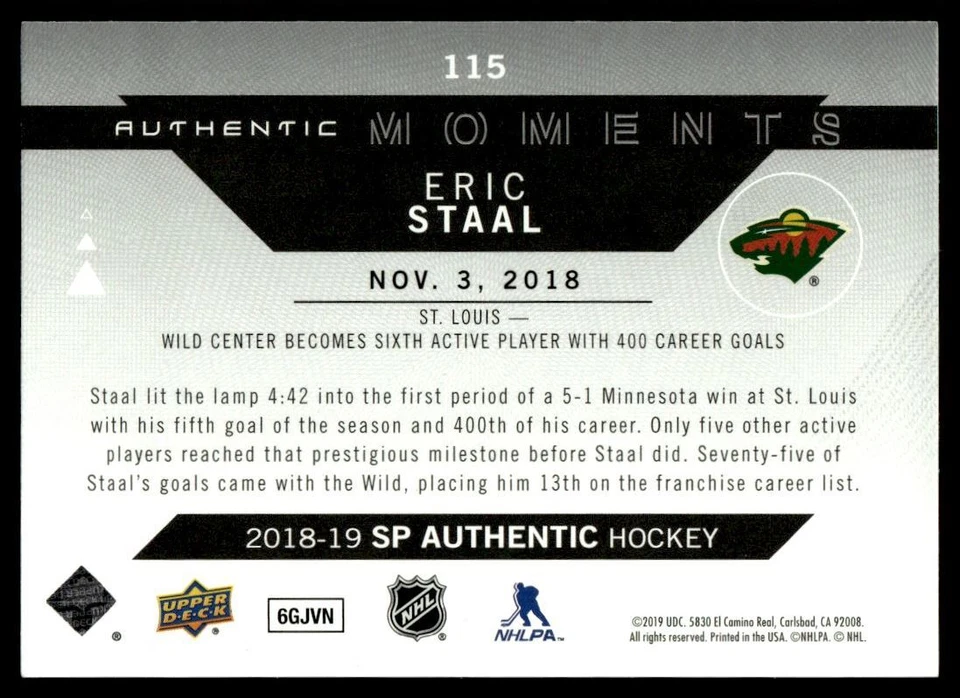 2018-19 SP AUTHENTIC MOMENTS Eric Staal Minnesota Wild #115 - Image 2 of 2